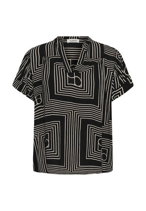 Zwarte blouse met korte mouwen, voorzien van witte geometrische vierkante lijnpatronen en een kleine V-halskraag.