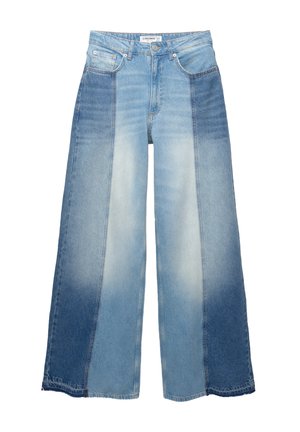 Wide-leg jeans featuring a color gradient from dark to light blue, made from denim with a smooth texture and classic five-pocket design.