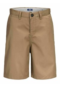 Shorts beiges en tissu mélangé de coton, dotés d'une fermeture à bouton, de passants de ceinture et d'une coupe droite classique avec deux poches latérales.