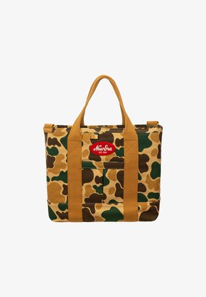 Camouflage tote bag with brown and green patches, tan handles, front pocket, and red New Era logo patch.