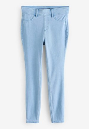 Šviesiai mėlyni džinsiniai skinny džinsai su vidutinio aukščio liemeniu, mygtuko užsegimu ir penkių kišenių dizainu. Lygi tekstūra, minimalus siuvimo detalės.