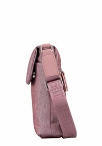 Pink fabric bag with a structured, rectangular shape. Features a textured exterior, adjustable strap, and metal hardware accents.