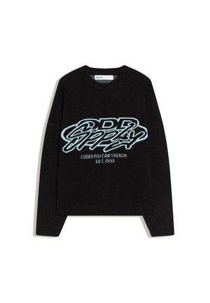 Black long-sleeve sweater with light blue graffiti-style text "DDR Supply" and smaller text "Codes You Can't Reach Est. 1998" on front.