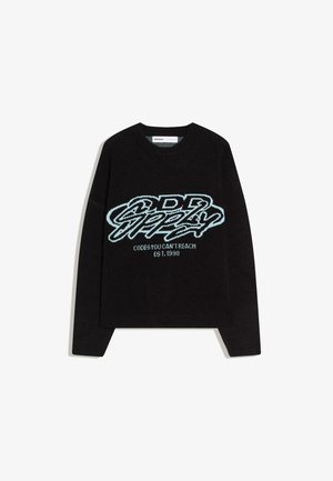 Black long-sleeve sweater with light blue graffiti-style text "DDR Supply" and smaller text "Codes You Can't Reach Est. 1998" on front.