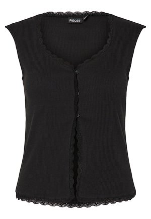 Atas hitam tanpa lengan terbuat dari kain ribbed, dengan leher berbentuk scalloped dan kancing di depan, serta trim renda di bagian bawah.