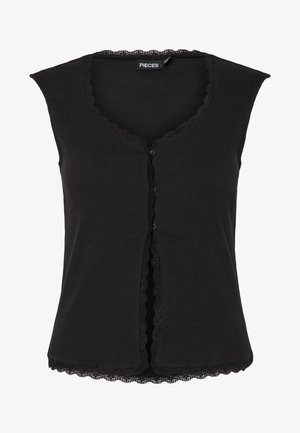 Svart ermela topp laget av ribbet stoff, med en bølget utskåret halslinje og frontknapper, samt en blonderkant nederst.