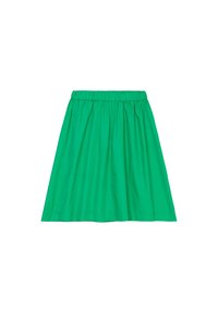 Falda verde, hasta la rodilla, con cintura elástica; hecha de tejido ligero; textura suave; diseño simple sin patrones ni acentos.