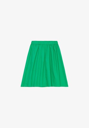 Falda verde, hasta la rodilla, con cintura elástica; hecha de tejido ligero; textura suave; diseño simple sin patrones ni acentos.