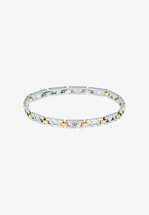 Armband aus Silber und Gold mit einem geometrischen Design, das poliertes Metall und ein zentrales Logodetail umfasst, was ihm ein modernes, elegantes Aussehen verleiht.