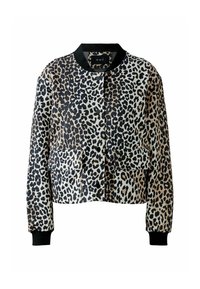 Bomberjacke mit Leoparddruck und schwarzem Kragen. Verfügt über zwei Vordertaschen, lange Ärmel und ein kurzes Design. Hauptsächlich in Tan und Schwarz.