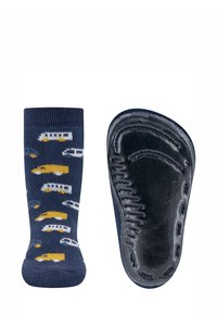 Navy blue baby sock with yellow and white car patterns, shown front and textured non-slip rubber sole.