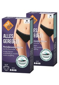 Black organic cotton period underwear in a packaged set. Features elastic waistband with logo, moisture-wicking technology, and size M labels.