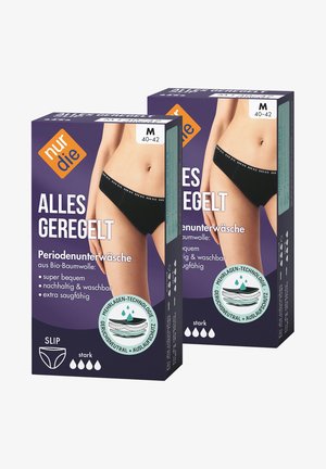 Conjunto de ropa interior menstrual de algodón orgánico negro, envasado. Presenta una cinturilla elástica con el logo, tecnología que absorbe la humedad y etiquetas de tamaño M.
