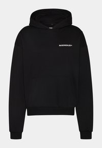 Hoodie noir avec une poche avant, des poignets et un ourlet côtelés, arborant un petit logo blanc "MJGONZALES" sur la poitrine gauche. Fabriqué en tissu doux.