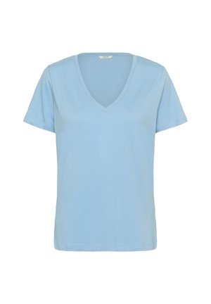 T-shirt di cotone azzurro chiaro con scollo a V e maniche corte. Design semplice, texture morbida e vestibilità regolare. Nessun motivo o decorazione.