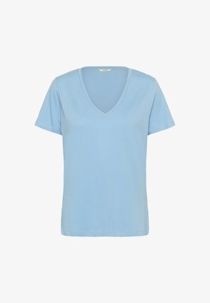 Light blue cotton t-shirt with a v-neck and short sleeves. Simple design, soft texture, and a regular fit. No patterns or embellishments.