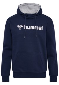 Marineblaues Hoodie aus weichem Stoff, mit einer Fronttasche, Kapuze mit Kordelzug und weißem Logotext auf der Brust.