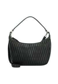 Bolso de hombro de cuero negro con un patrón de ondas acolchado, parte superior curva y correa desmontable. Presenta acentos de hardware en tono plateado.