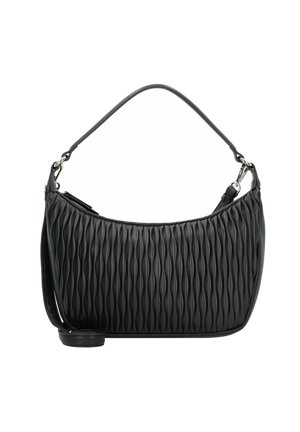 Sac à bandoulière en cuir noir avec un motif matelassé en vagues, un dessus arrondi et une sangle amovible. Présente des accents en métal argenté.