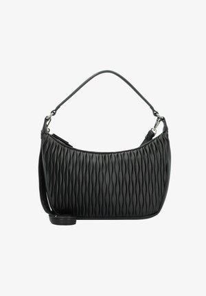 Bolso de hombro de cuero negro con un patrón de ondas acolchado, parte superior curva y correa desmontable. Presenta acentos de hardware en tono plateado.