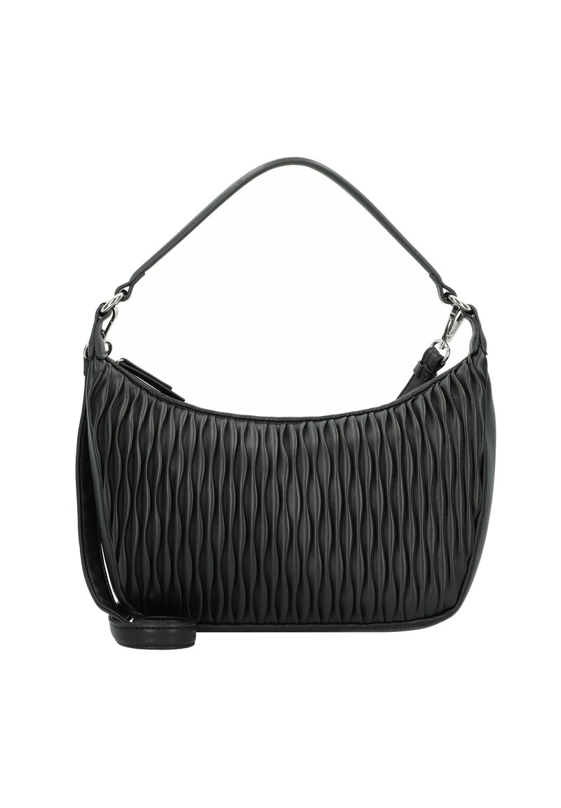 Bolso de hombro de cuero negro con un patrón de ondas acolchado, parte superior curva y correa desmontable. Presenta acentos de hardware en tono plateado.