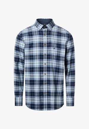 Koszula zapinana na guziki w kratę w kolorach niebieskim, czarnym i beżowym. Posiada kołnierzyk, długie rękawy oraz kieszeń na piersi z logo.