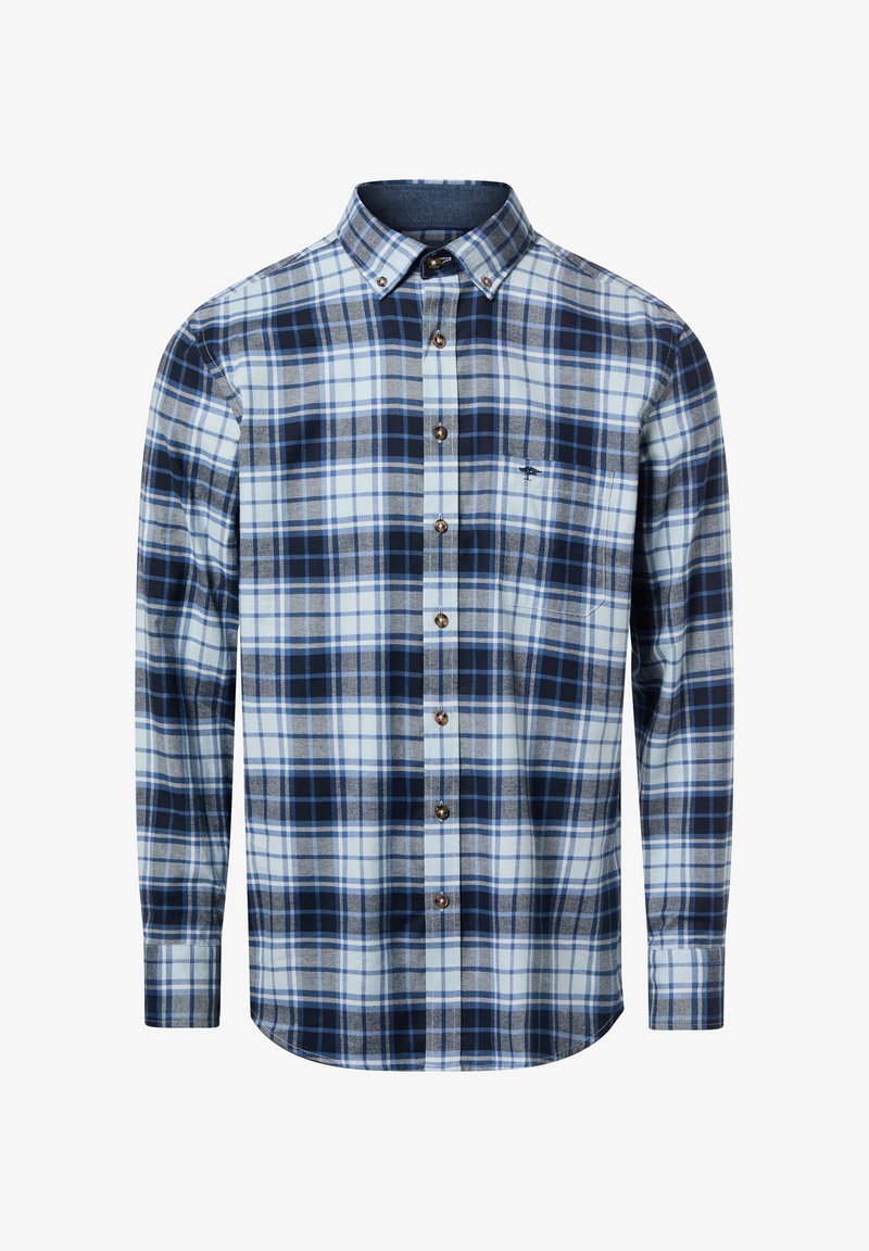 Koszula zapinana na guziki w kratę w kolorach niebieskim, czarnym i beżowym. Posiada kołnierzyk, długie rękawy oraz kieszeń na piersi z logo.