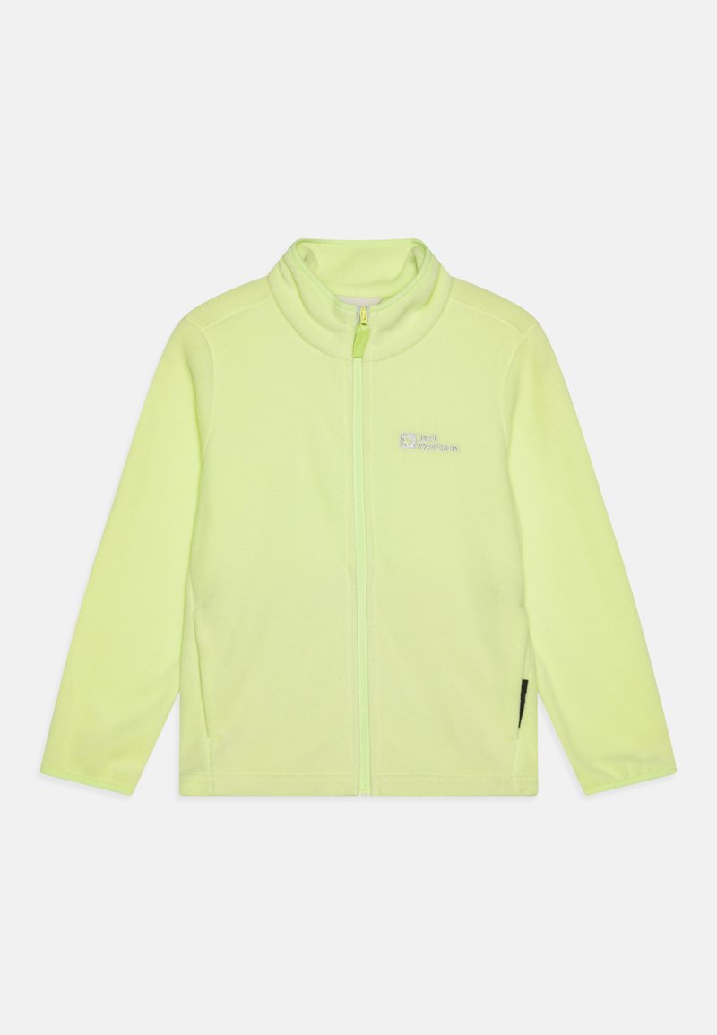 Veste en polaire jaune néon avec un col montant, fermeture éclair à l'avant et logo brodé sur la poitrine gauche. Manches longues avec une texture douce.