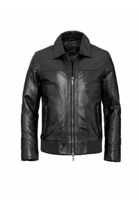 Zwarte leren jas met een ritssluiting aan de voorkant, gewatteerde voering, geribbelde manchetten en een klassieke kraag. Voorzien van twee zijzakken en strakke stiksels.