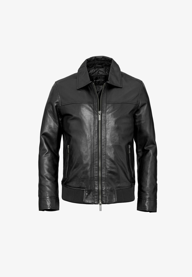 Zwarte leren jas met een ritssluiting aan de voorkant, gewatteerde voering, geribbelde manchetten en een klassieke kraag. Voorzien van twee zijzakken en strakke stiksels.