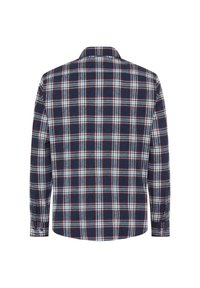 Dunkelblau kariertes Hemd mit langen Ärmeln, das weiße und rote karierten Muster aufweist und über einen geknöpften Manschette verfügt. Weicher Stoff mit einem Kragen.