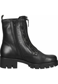 Bottine en cuir noir avec une semelle épaisse, des fermetures éclair latérales et un laçage décoratif. Texture lisse et design à bout arrondi.
