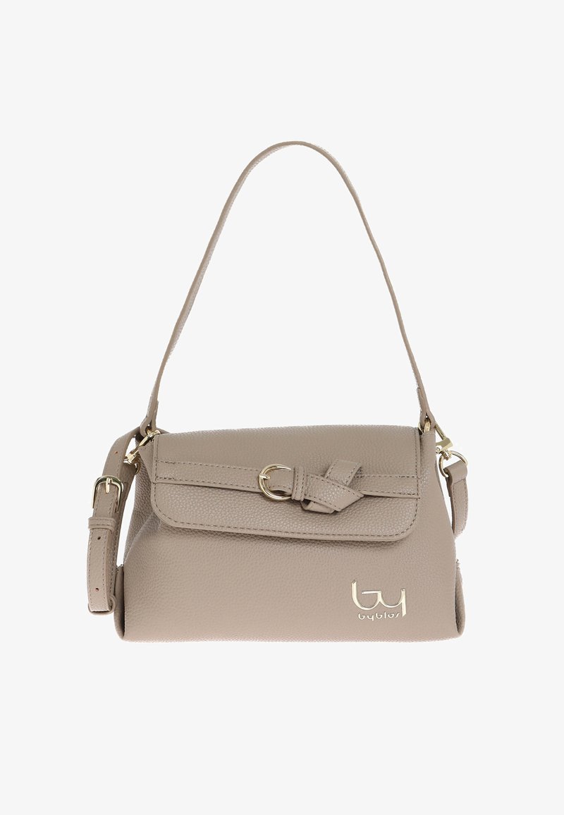Borsa a tracolla in pelle color beige chiaro con pattina, chiusura a torsione e tracolla regolabile. Presenta componenti in tonalità oro e dettagli del logo.