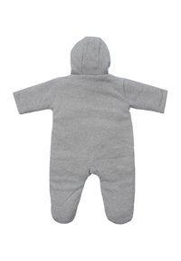 Grauer Overall aus weichem Stoff, mit einer Kapuze und langen Ärmeln, entworfen mit einer einfachen, glatten Textur und ohne sichtbare Verschlüsse.