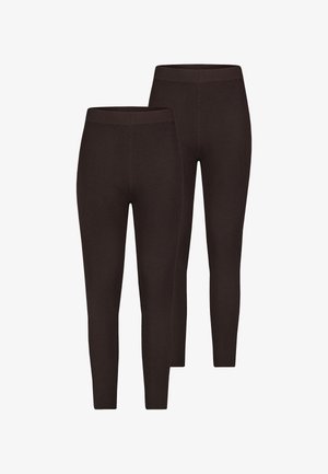 Dark brown ribbed leggings featuring a smooth waistband, form-fitting design, and a soft texture. Two pairs shown side by side.