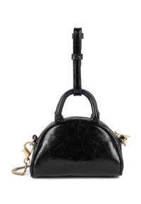Borsa in pelle nera con forma arrotondata, doppi manici superiori, dettagli in metallo dorato e tracolla a catena. Finitura liscia e strutturata.