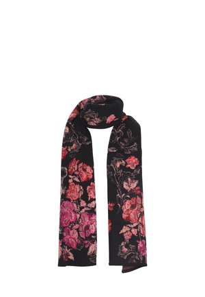 Zwarte sjaal met een bloemenpatroon in rode en roze tinten, gemaakt van zacht materiaal, met franjes aan de randen voor een textuureffect.
