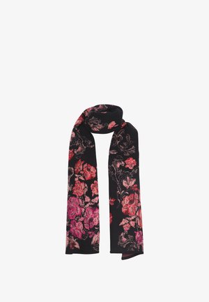 Bufanda negra con un patrón floral en tonos rojos y rosas, hecha de un material suave, con bordes flecos para un acabado texturizado.