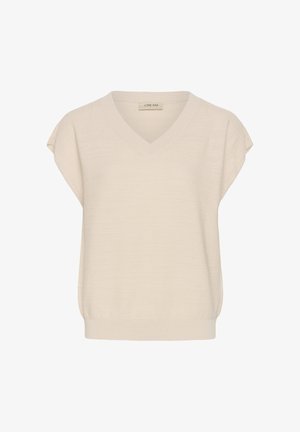 Haut sans manches couleur crème en maille, avec col en V et ourlet côtelé, fabriqué en tissu fin texturé.