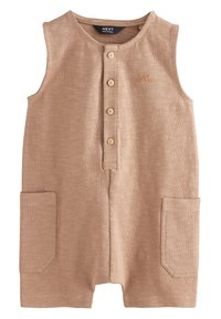 Beige ærmeløs romper lavet af struktureret stof, med knapstolpe, to forlommer og en lille solbrodering.