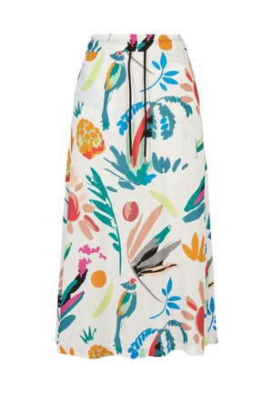 Fustă midi albă cu talie elastică și șnururi negre, cu imprimeuri tropicale abstracte colorate cu frunze, flori, păsări și fructe.