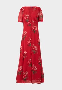 Κόκκινο μάξι φόρεμα με κοντά φουσκωτά μανίκια, μπροστινό κλείσιμο με κουμπιά, V-λαιμόκοψη και διάσπαρτα μοτίβα με ροζ και πράσινα λουλούδια.