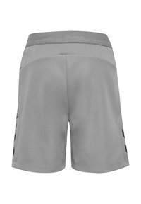 Lichtgrijze sportshorts met elastische tailleband en subtiele merkemblemen aan de zijkanten, gezien vanaf de achterkant.