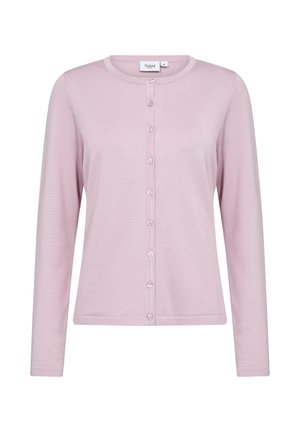 Lichtroze cardigan met lange mouwen, ronde halslijn, knoopsluiting aan de voorkant, geribbelde textuur en een gladde stofafwerking.