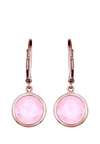 Rose gold dråbeøreringe med runde, facetterede lyserøde ædelsten i en cirkulær indfatning, fastgjort med en lås med højttalere.