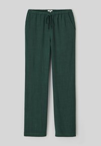Pantalons en lin verts avec une taille élastique à cordon, deux poches latérales, une coupe droite et une texture lisse.