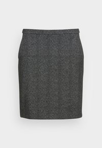 Falda de lápiz con patrón de espiga en tejido gris oscuro, con una cinta de cintura suave y corte a la altura de la rodilla.