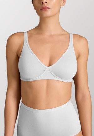 Bralette in cotone morbido grigio chiaro, con coppe triangolari, spalline sottili e una costruzione senza cuciture, caratterizzato da una leggera lucentezza e senza ferretto.