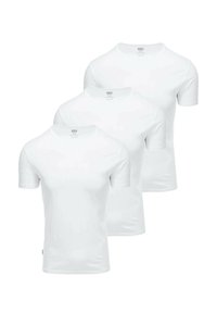 Drei weiße T-Shirts mit kurzen Ärmeln aus Baumwolle, ausgestattet mit einem Rundhalsausschnitt und aus einfarbigem, unbedrucktem Stoff ohne Muster oder Akzente.