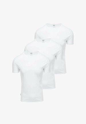 Drei weiße T-Shirts mit kurzen Ärmeln aus Baumwolle, ausgestattet mit einem Rundhalsausschnitt und aus einfarbigem, unbedrucktem Stoff ohne Muster oder Akzente.